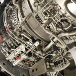 large jet engine detail viewed from below