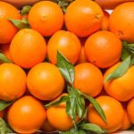 Top view of tasty spanish oranges freshly collected on a wooden box